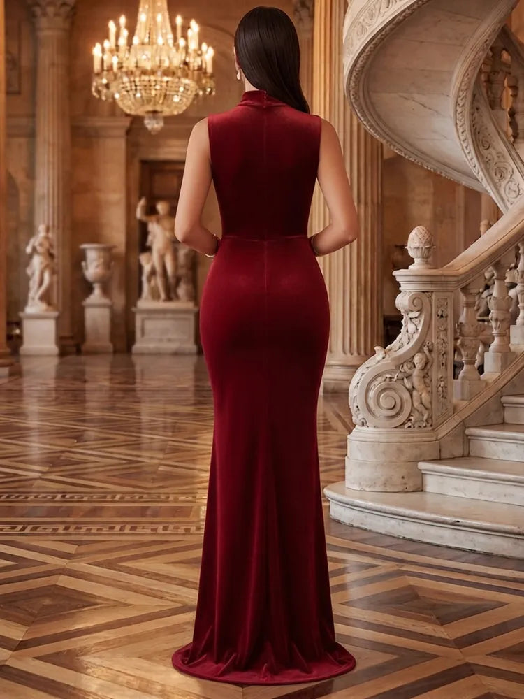 Elegant Mermaid High-Neck Sleeveless Velvet Ruched Floor-Length Evening Dress