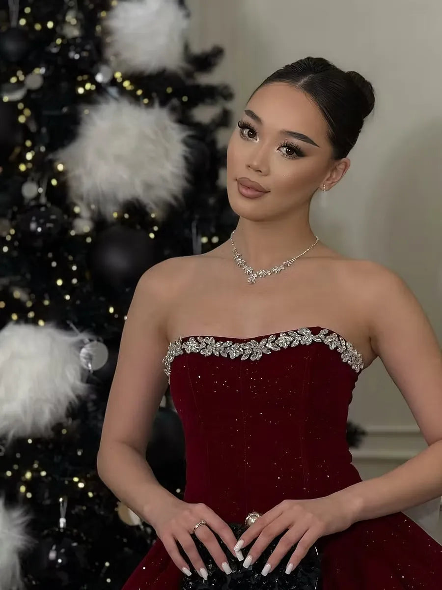 Festive A-Line Jeweled Strapless Straight-Back Mini Homecoming Dress