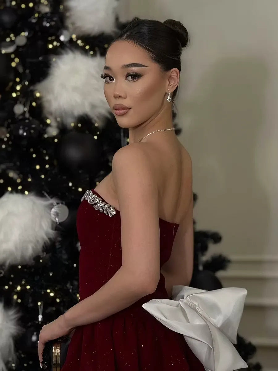 Festive A-Line Jeweled Strapless Straight-Back Mini Homecoming Dress