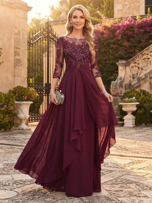 Loverlm burgundy A-line lace 3/4 sleeve mother of the bride dress with layered floor length skirt