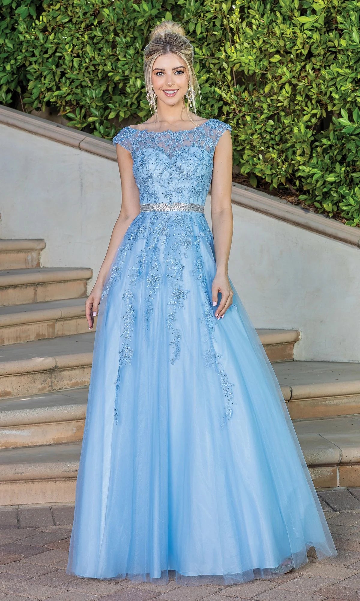 Elegant A Line Bateau Neck Cap Sleeve Tulle Floor Length Prom Dress