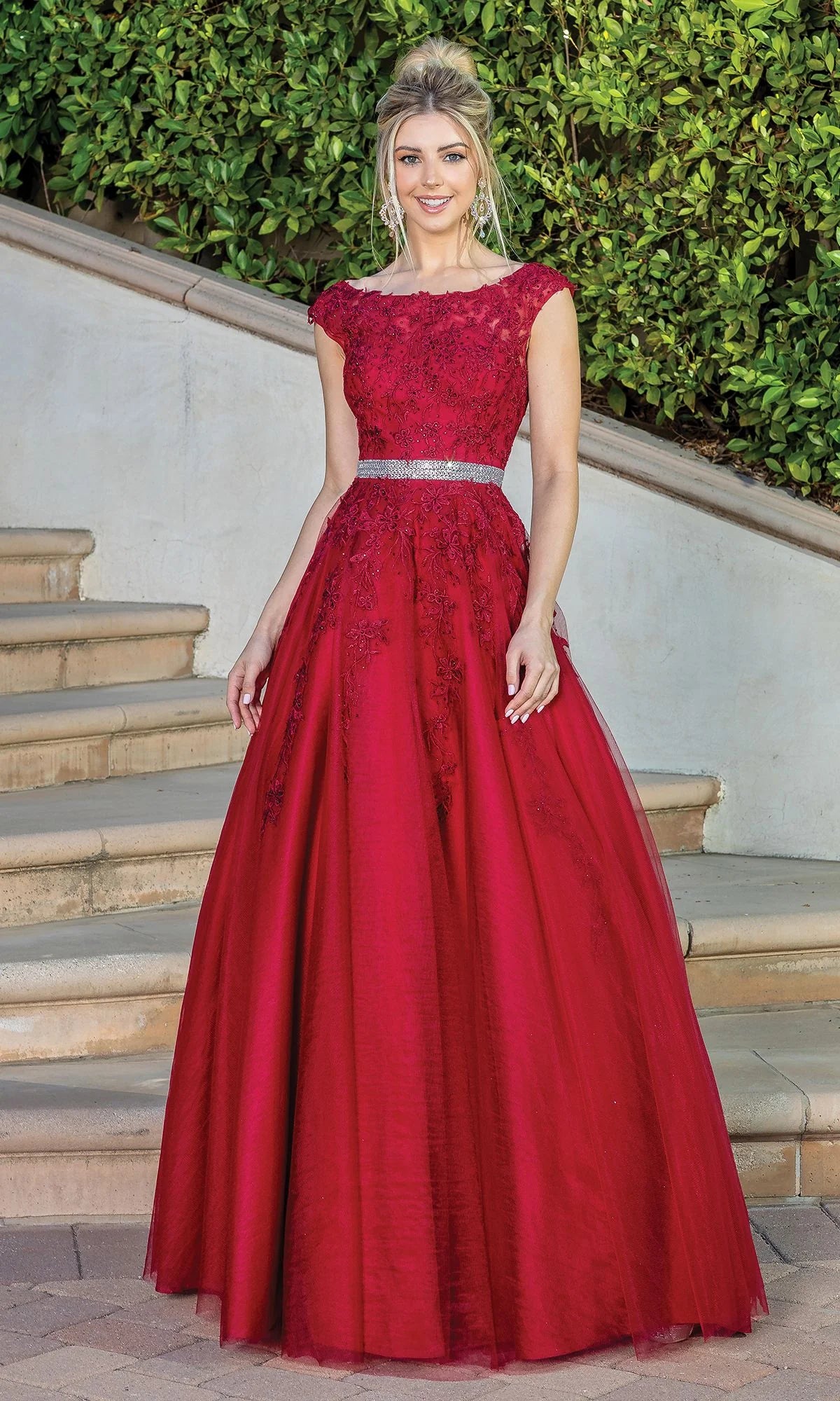 Burgundy A-line tulle prom dress with bateau neckline, cap sleeves, floral lace appliques, sparkling beaded waistband and floor-length skirt by Loverlm