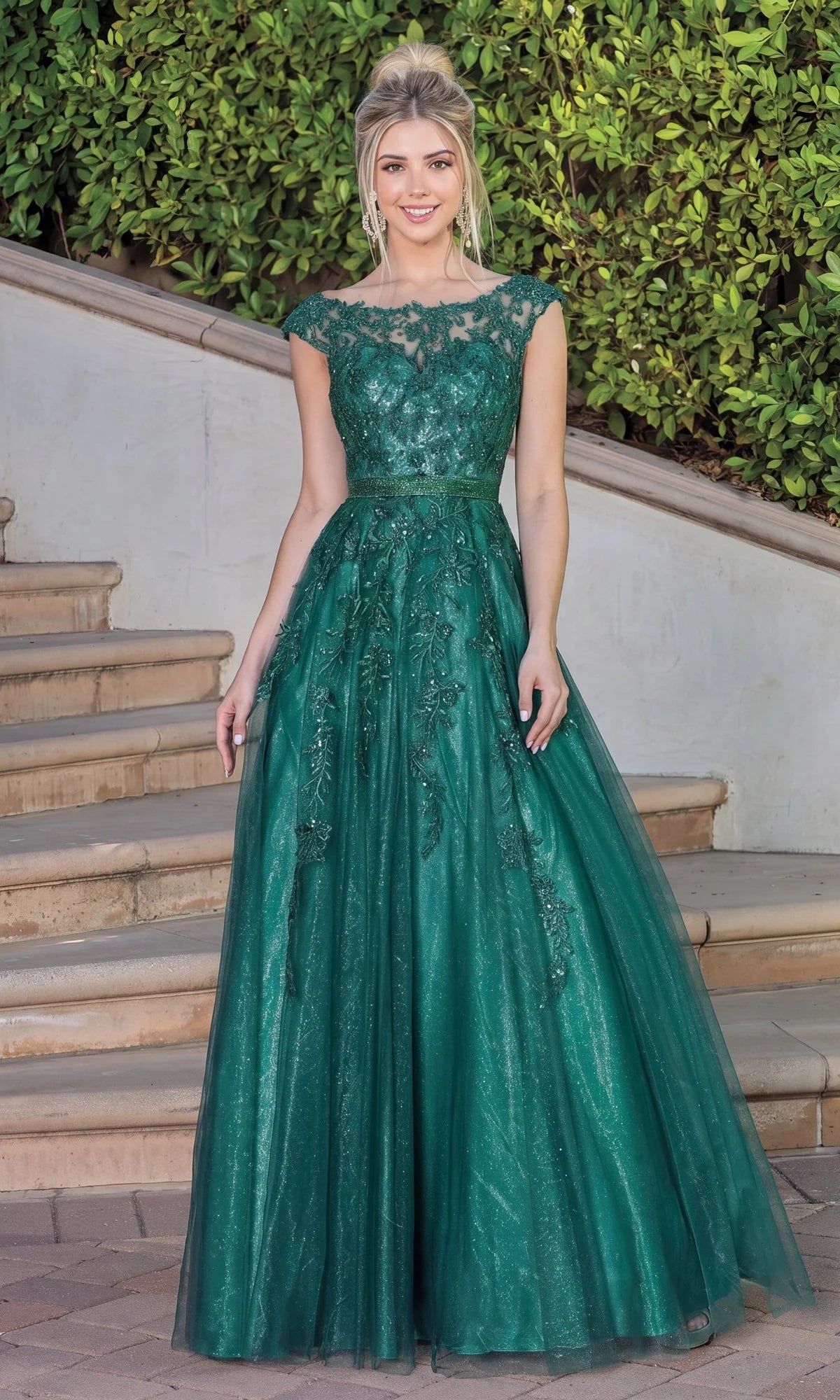 Elegant A Line Bateau Neck Cap Sleeve Tulle Floor Length Prom Dress