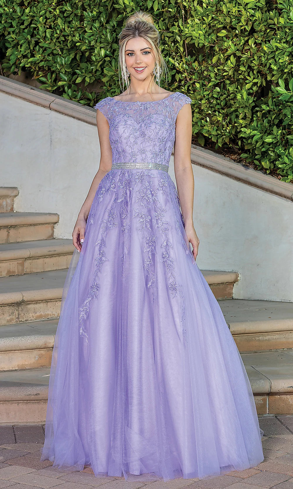 Elegant A Line Bateau Neck Cap Sleeve Tulle Floor Length Prom Dress