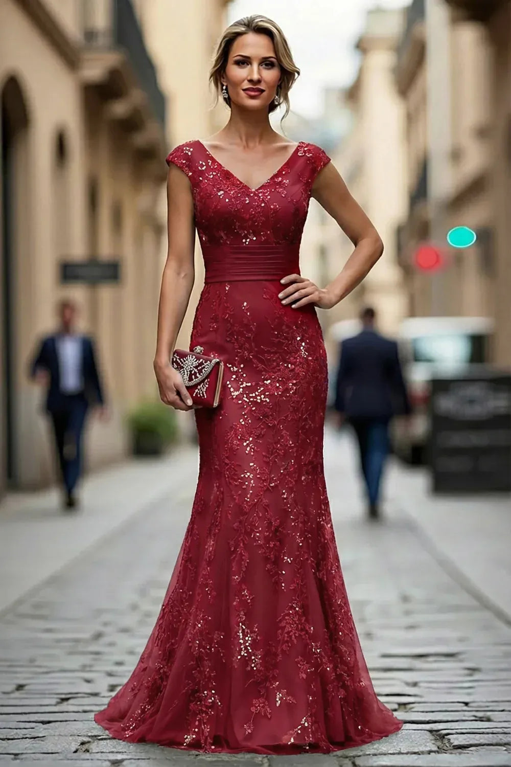 Front view of Loverlm burgundy lace V-neck cap-sleeve mother of the bride dress with sequins and a ruched waist