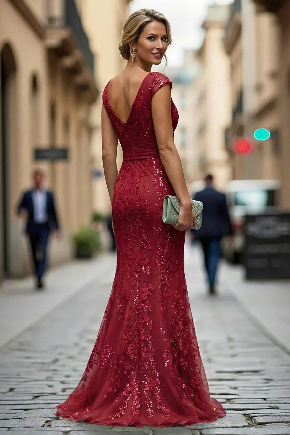 Elegant Sheath Lace V-Neck Cap-Sleeve V-Back Floor-Length Mother of the Bride Dress