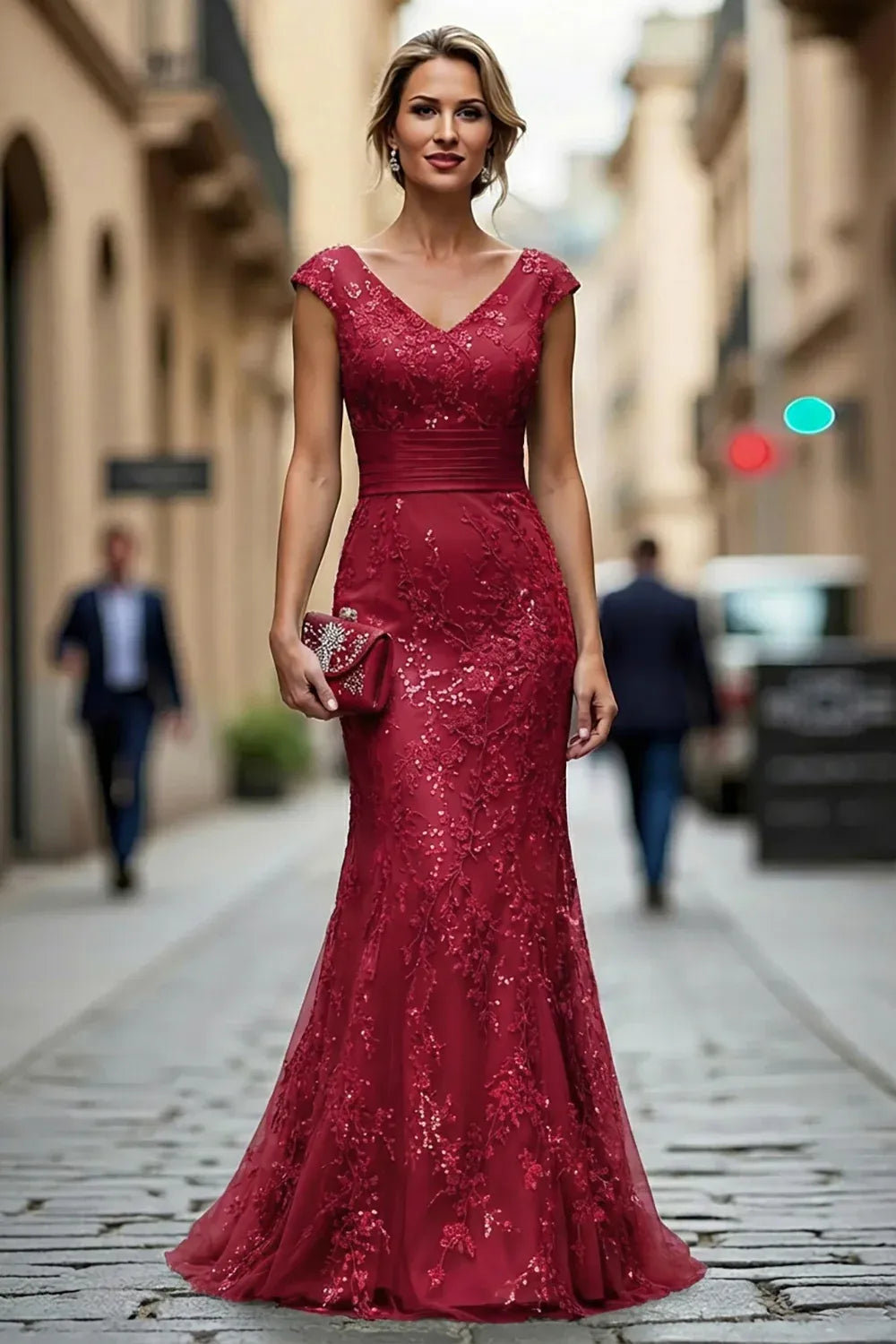 Elegant Sheath Lace V-Neck Cap-Sleeve V-Back Floor-Length Mother of the Bride Dress