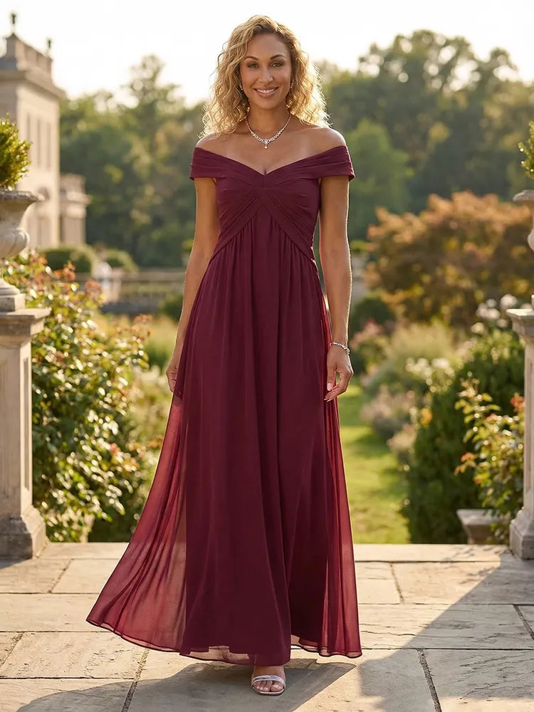 Loverlm burgundy Mother of the Bride dress with off-shoulder neckline ruched bodice defined waist and floor-length A-line chiffon skirt