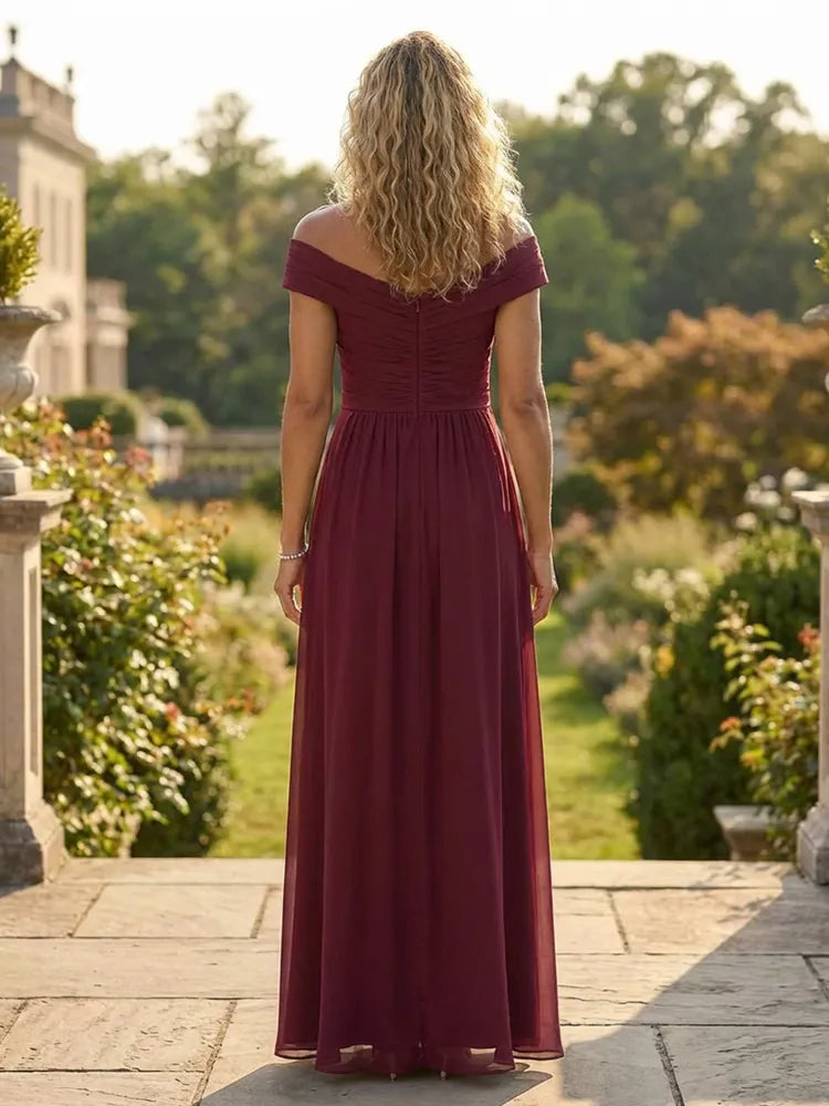 Elegant A-Line Off-Shoulder Ruched Chiffon Floor-Length Mother of the Bride Dress