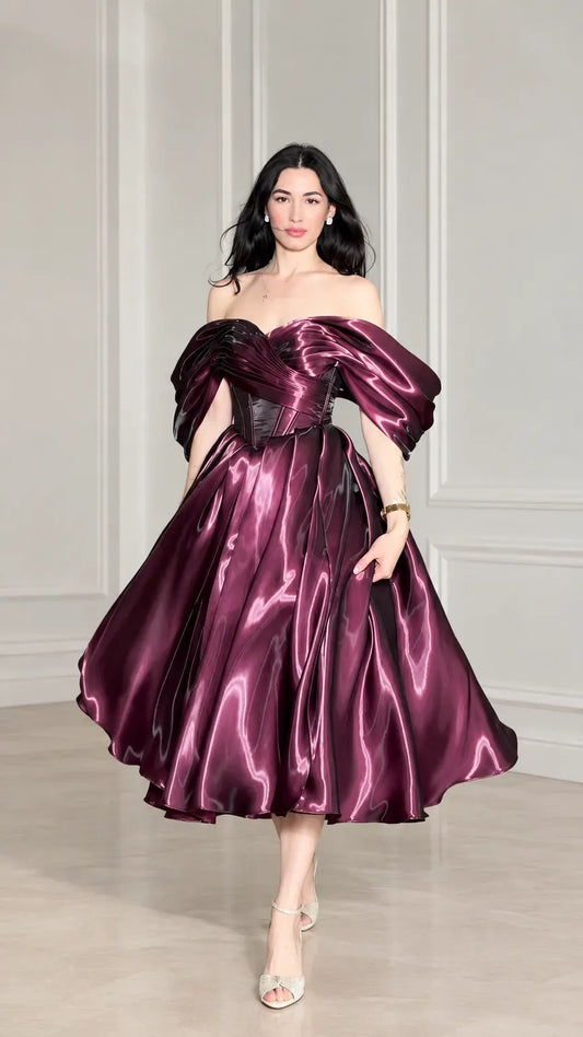 Loverlm burgundy Homecoming dress with off-the-shoulder sweetheart corset bodice and full satin tea-length A-line skirt