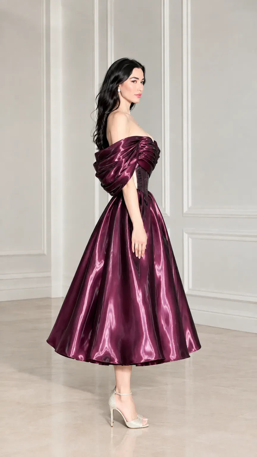 Dramatic A-Line Sweetheart Off-Shoulder Lace-Up Tea-Length Homecoming Dress