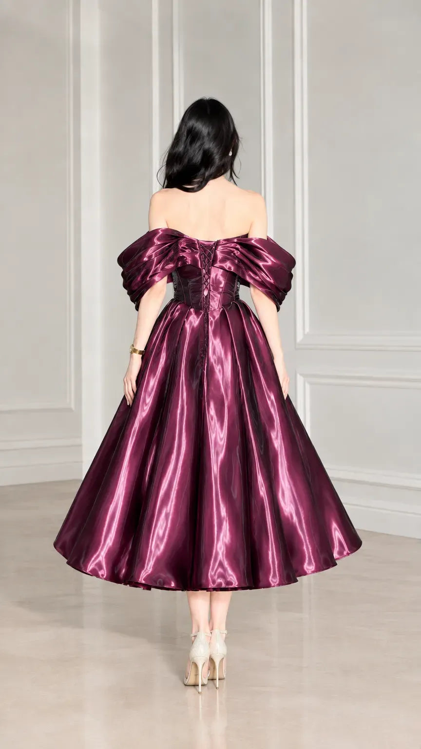 Dramatic A-Line Sweetheart Off-Shoulder Lace-Up Tea-Length Homecoming Dress