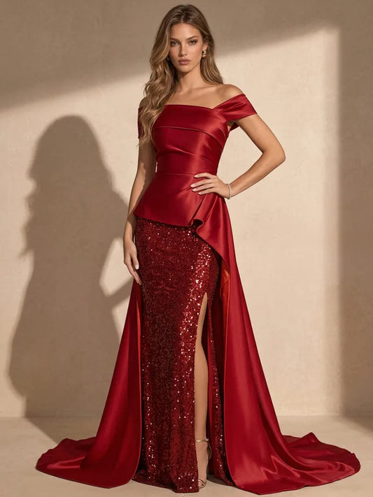 Loverlm burgundy off shoulder satin evening dress with sequin skirt high slit and train