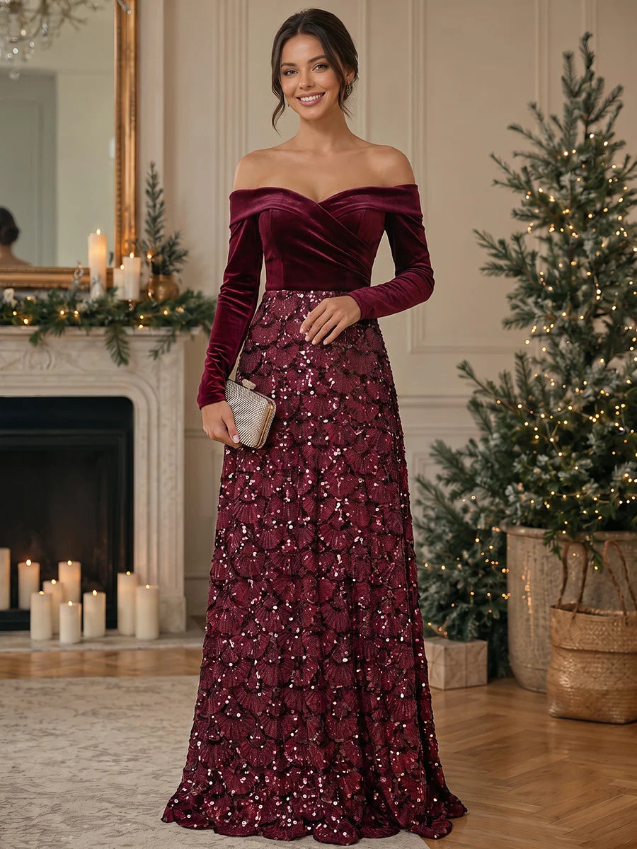 Burgundy velvet evening dress with off shoulder long sleeve crossover bodice, sparkling floral sequin A-line skirt and floor-length hem by Loverlm