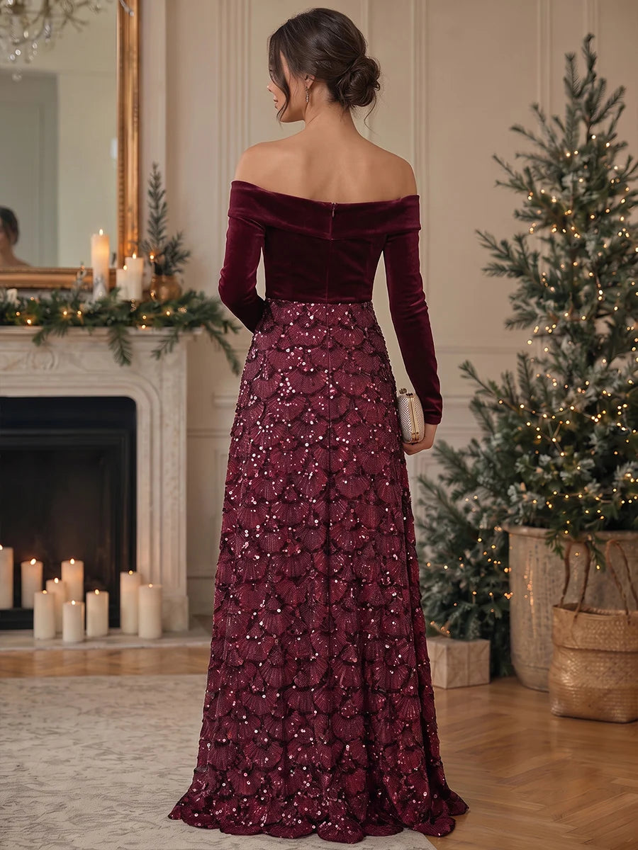 Elegant A Line Off Shoulder Long Sleeve Velvet Floor Length Evening Dress