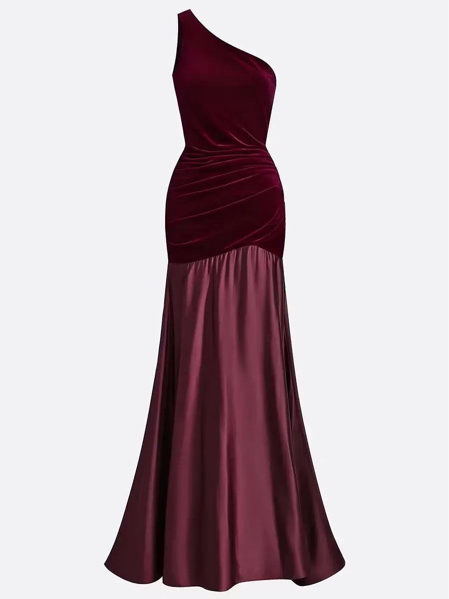 Loverlm burgundy one-shoulder mermaid evening dress with fitted bodice and dramatic satin floor-length flared skirt
