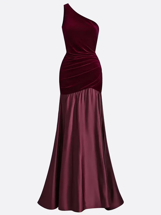 Loverlm burgundy one-shoulder mermaid evening dress with fitted bodice and dramatic satin floor-length flared skirt