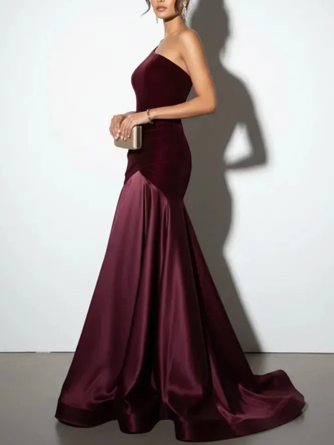 Elegant Mermaid One-Shoulder Sleeveless Closed-Back Floor-Length Evening Dress