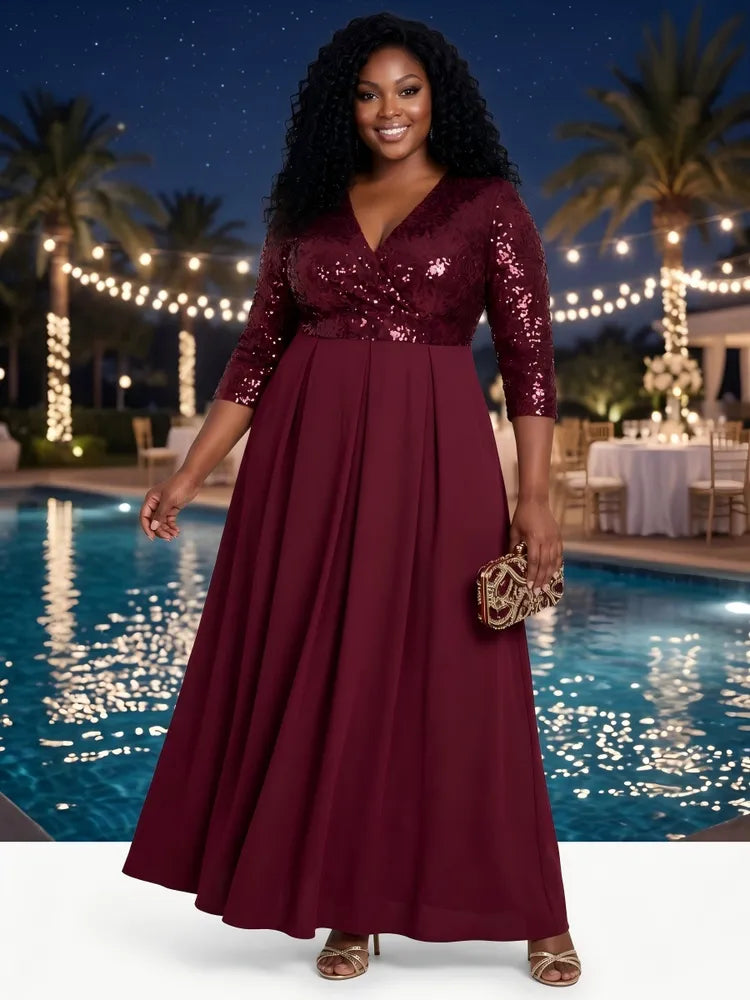 Loverlm burgundy plus size evening dress front view with sequin surplice V-neck bodice, three-quarter sleeves, defined waist and flowing A-line maxi skirt