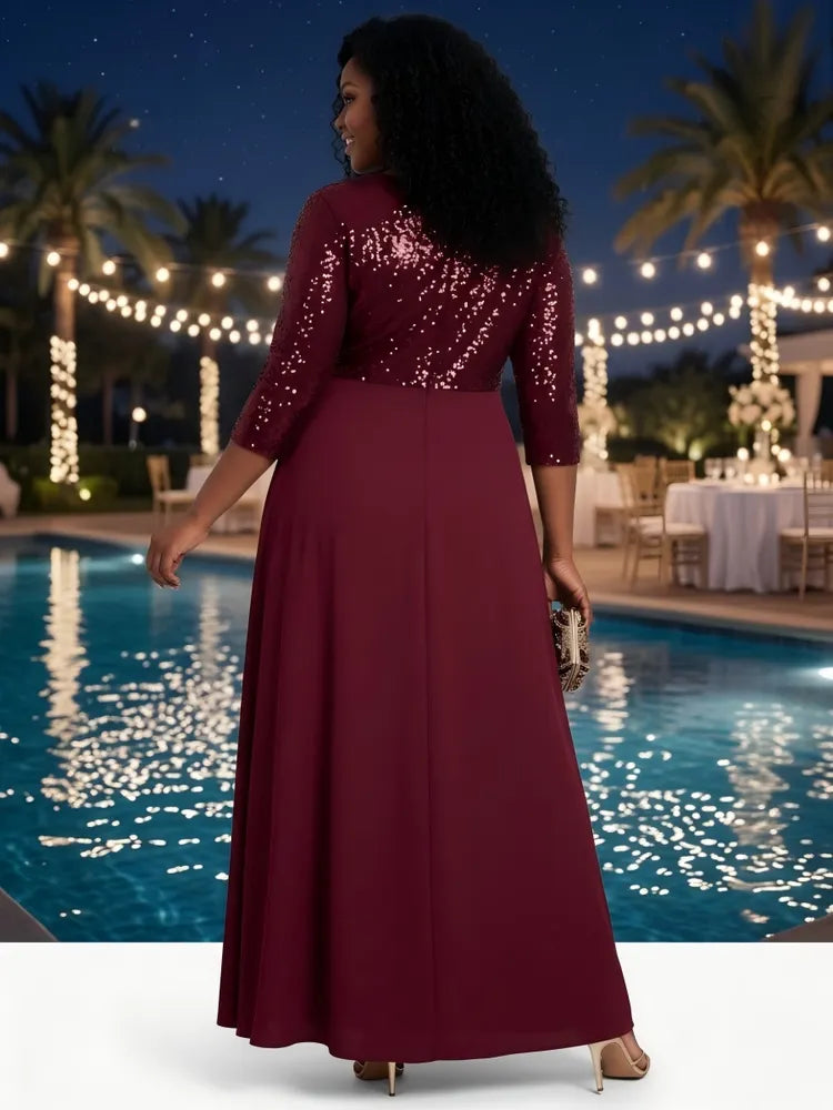 Elegant A-Line V-Neck Sequin Three-Quarter Sleeve Plus Size Evening Dress