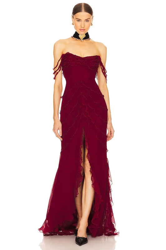 Loverlm burgundy evening dress with a sweetheart neckline, draped off shoulder bands, cascading ruffles and a high front slit.