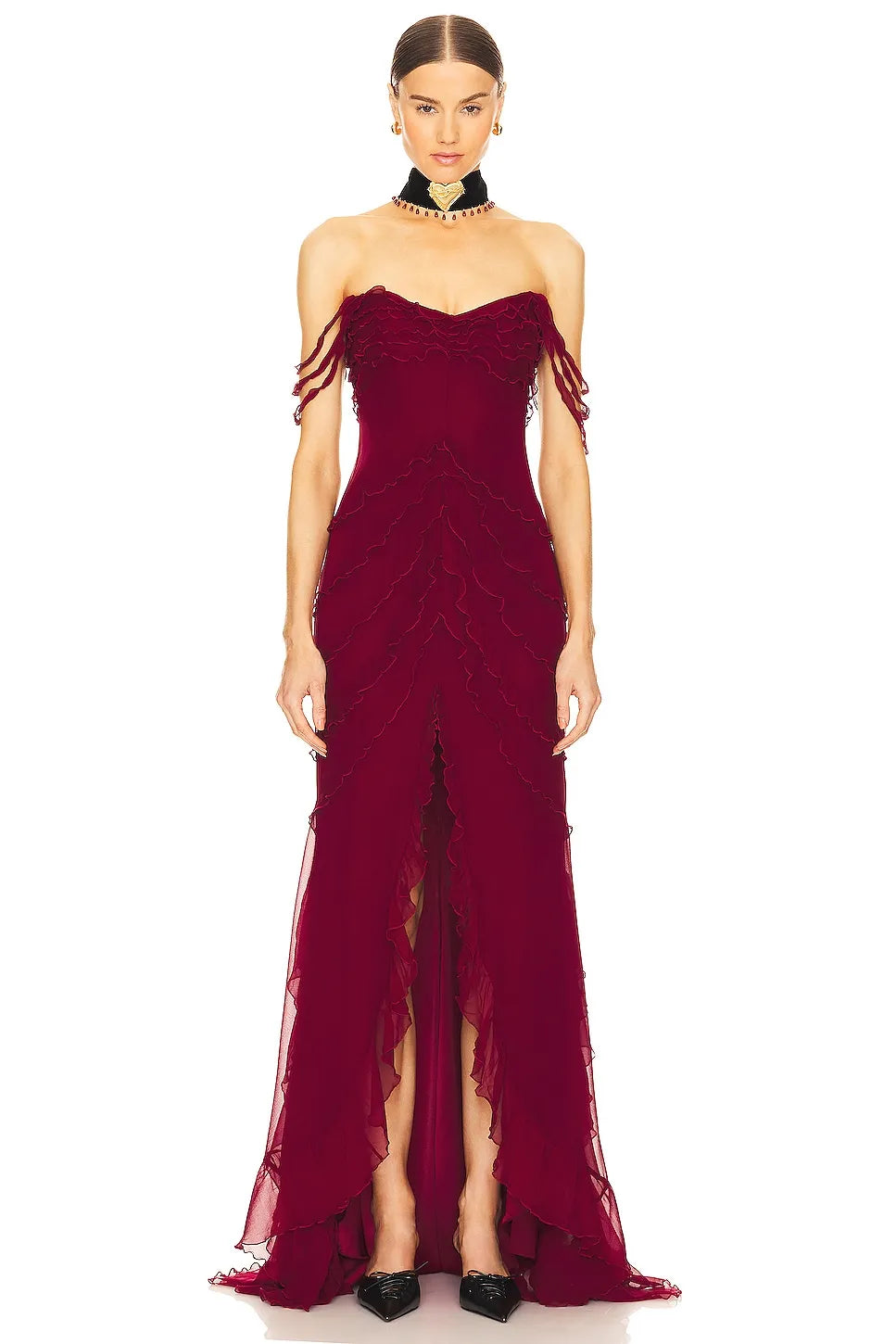 Ruffled Sheath Sweetheart Off Shoulder Zipper Back Floor Length Evening Dress