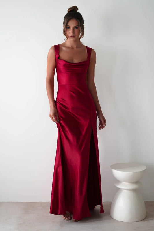 Loverlm burgundy satin sheath prom dress with cowl neckline, wide shoulder straps, fitted waist and side slit front view