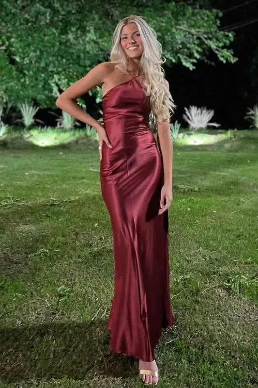 Loverlm burgundy satin sheath prom dress with halter neckline and floor-length skirt