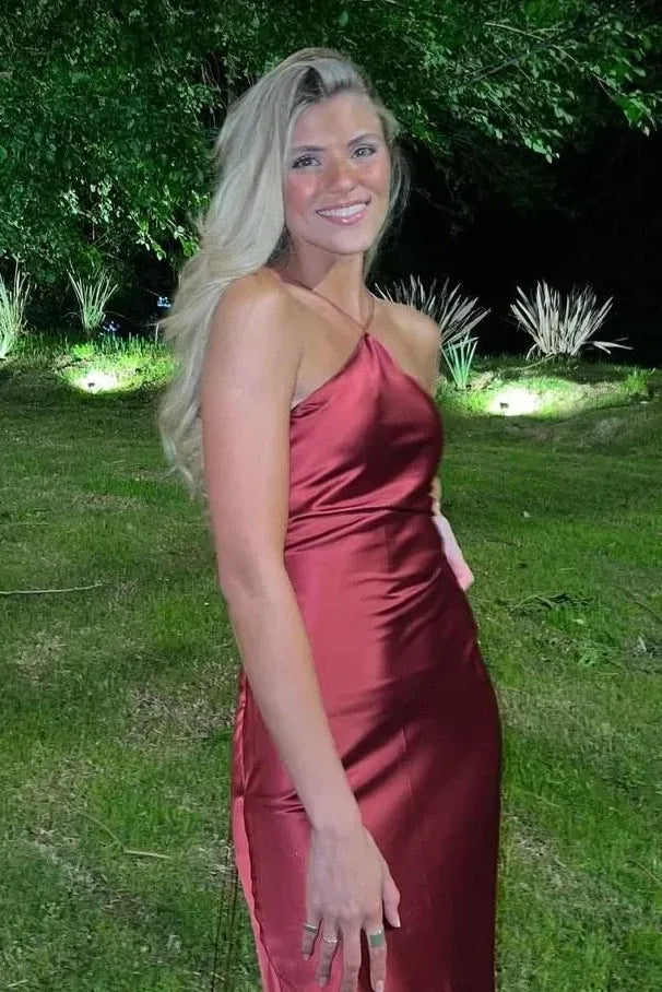 Elegant Sheath Halter Neck Sleeveless Strappy Back Floor-Length Satin Prom Dress