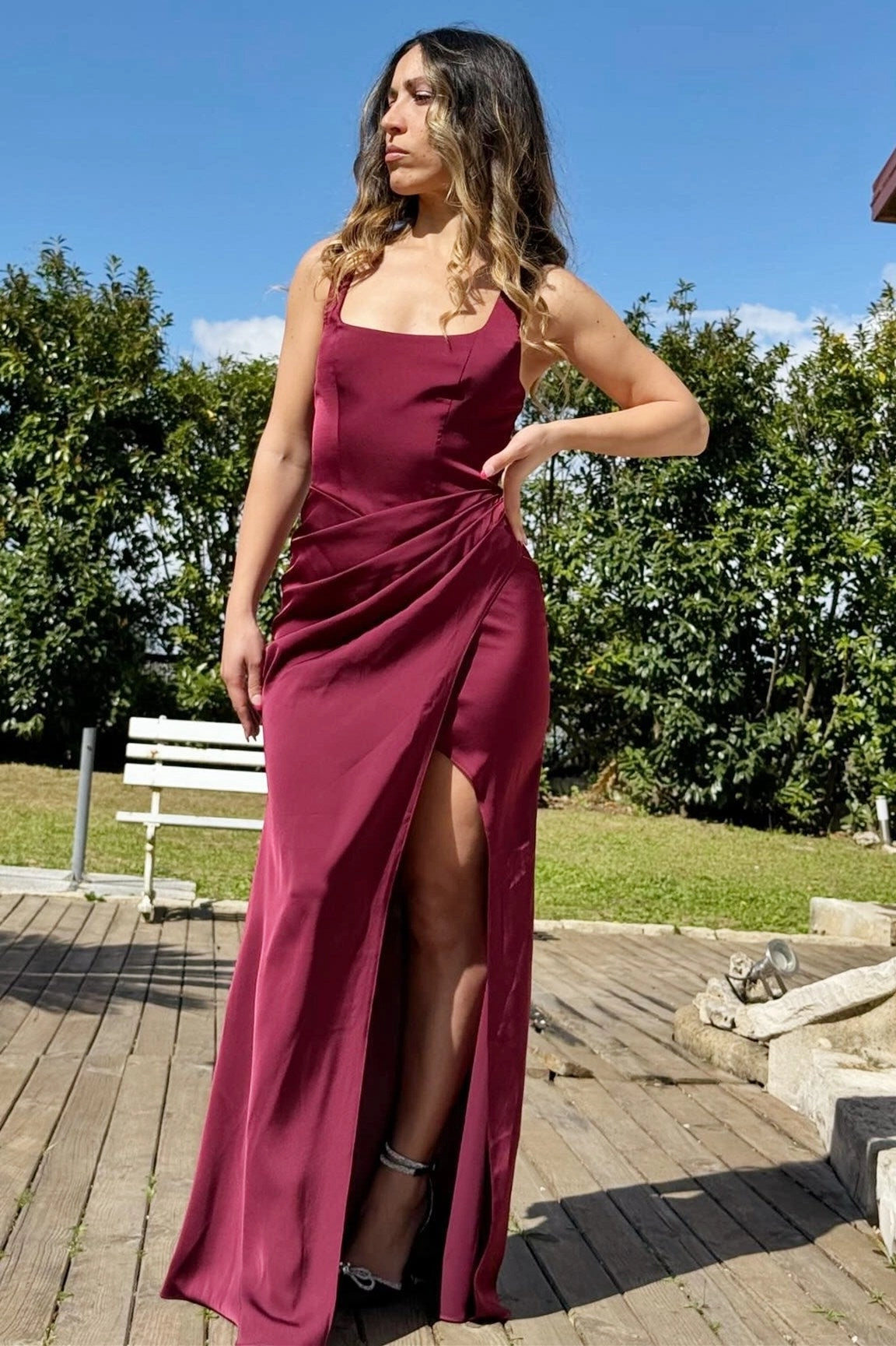 Glamorous Burgundy Satin Sheath Square Neck Strappy Lace-Up Back Long Prom Dress