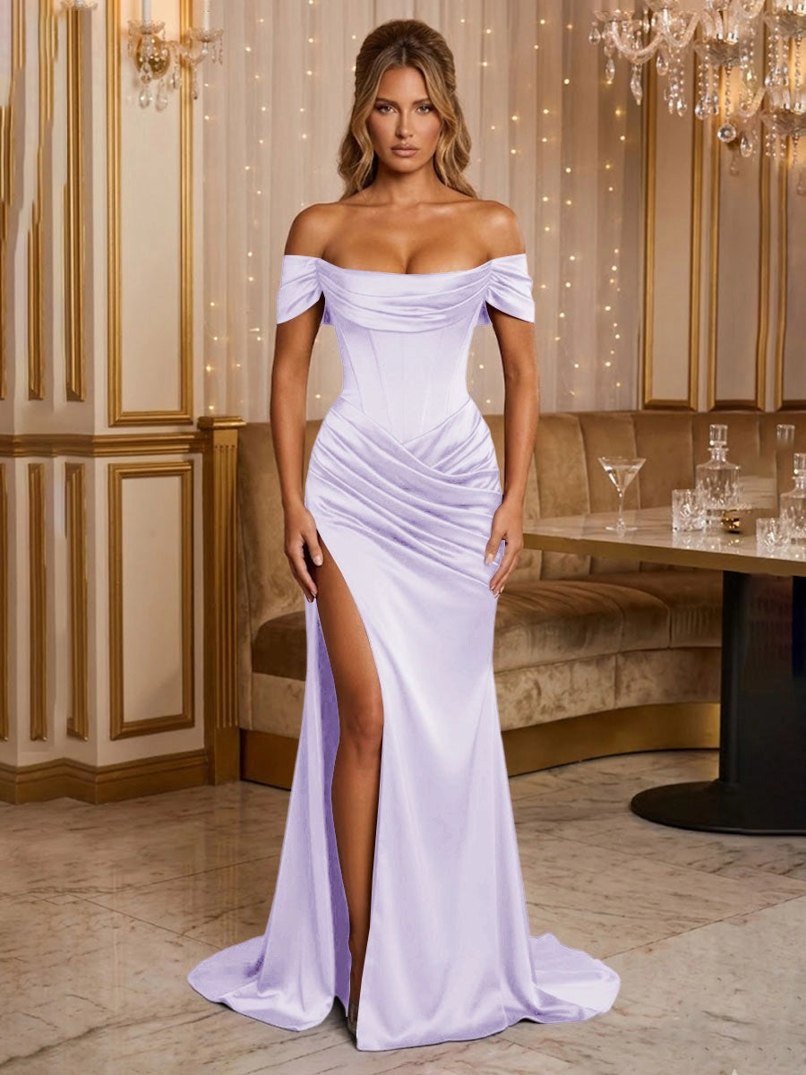 Elegant Sheath Cowl Neck Off-Shoulder Lace-Up Sweep Train Prom Dress