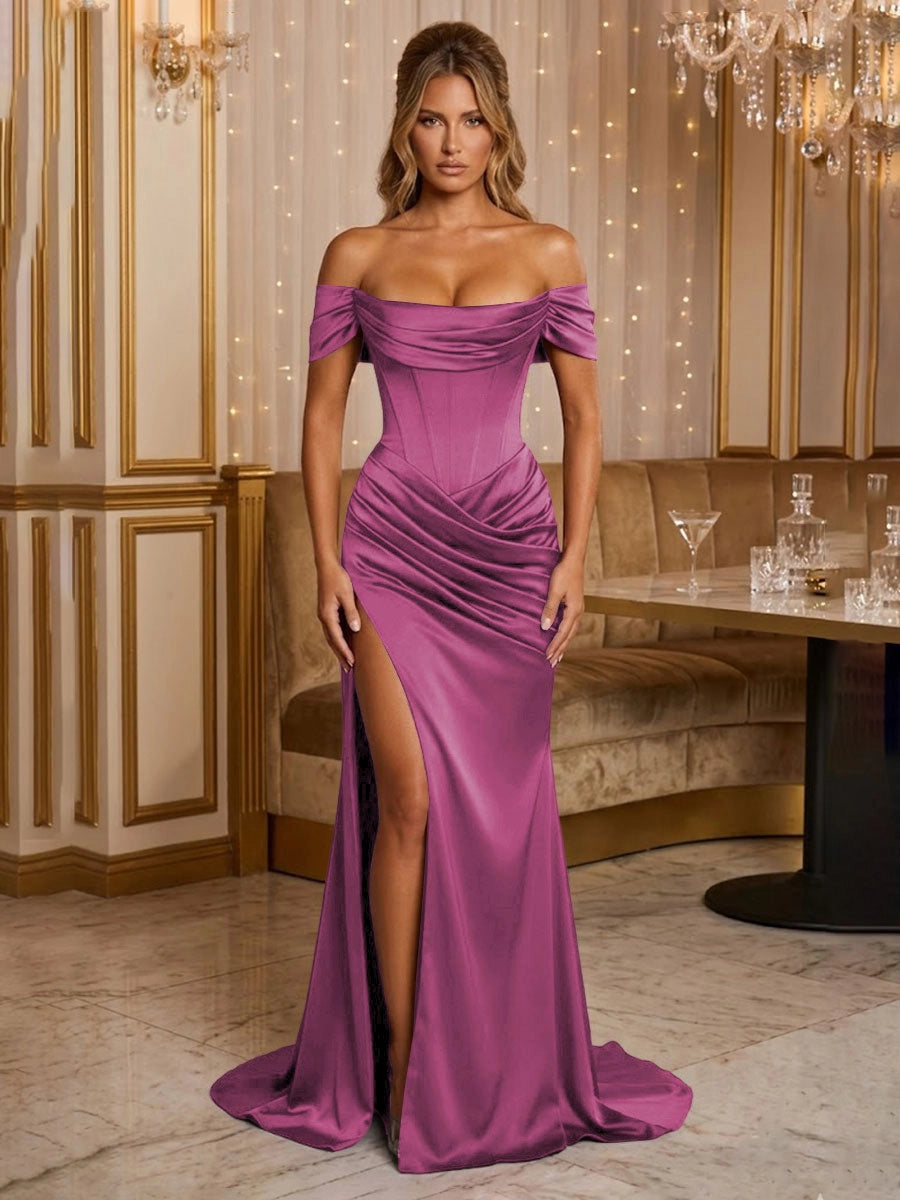 Elegant Sheath Cowl Neck Off-Shoulder Lace-Up Sweep Train Prom Dress