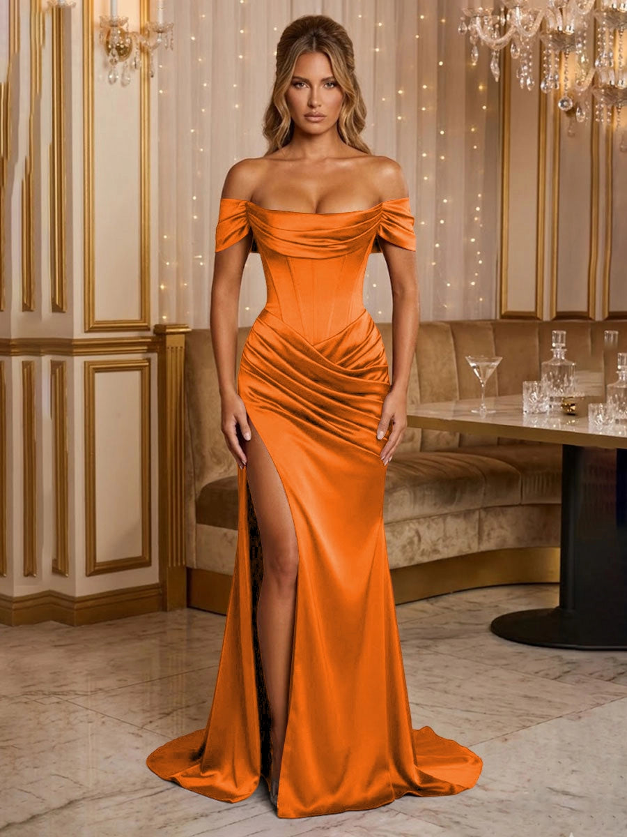Elegant Sheath Cowl Neck Off-Shoulder Lace-Up Sweep Train Prom Dress
