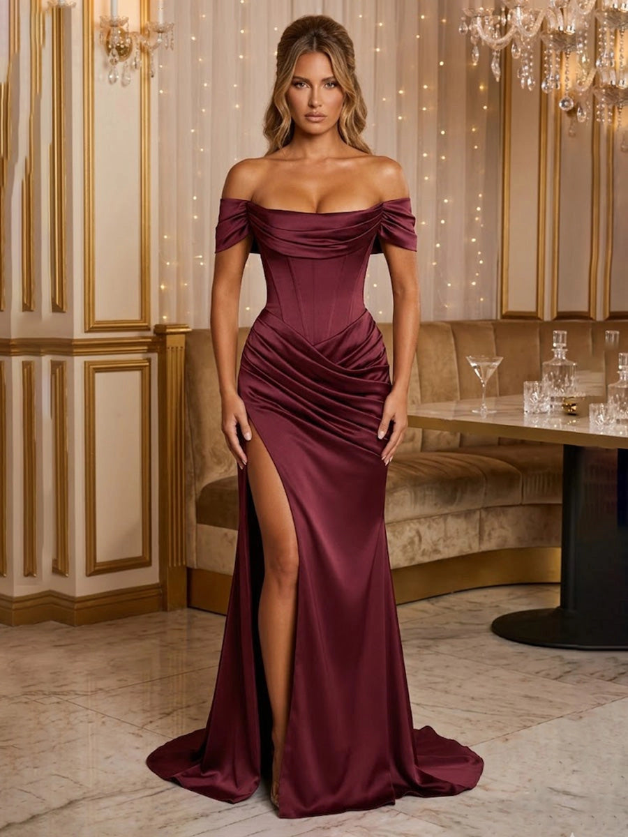 Loverlm burgundy satin off shoulder prom dress with corset bodice and high slit