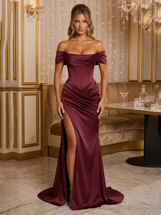 Loverlm burgundy satin off shoulder prom dress with corset bodice and high slit
