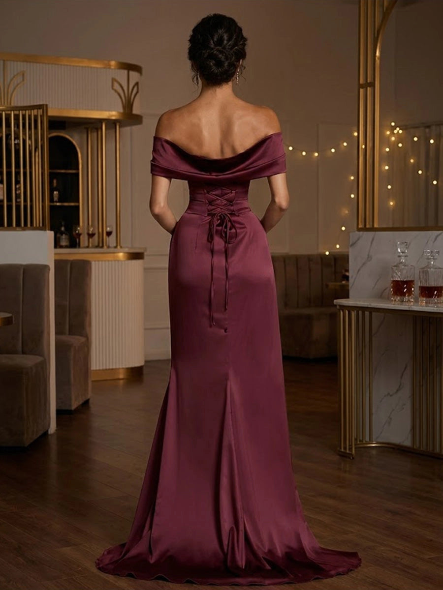 Elegant Sheath Cowl Neck Off-Shoulder Lace-Up Sweep Train Prom Dress