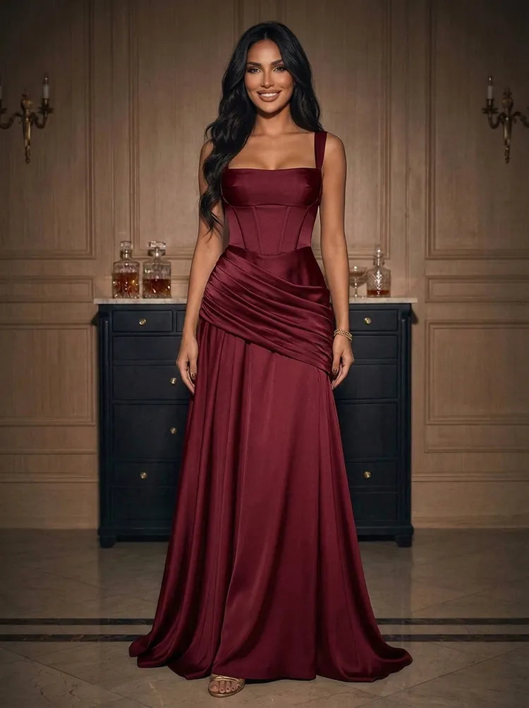 Loverlm burgundy satin square neck sleeveless A-line floor length evening dress front view