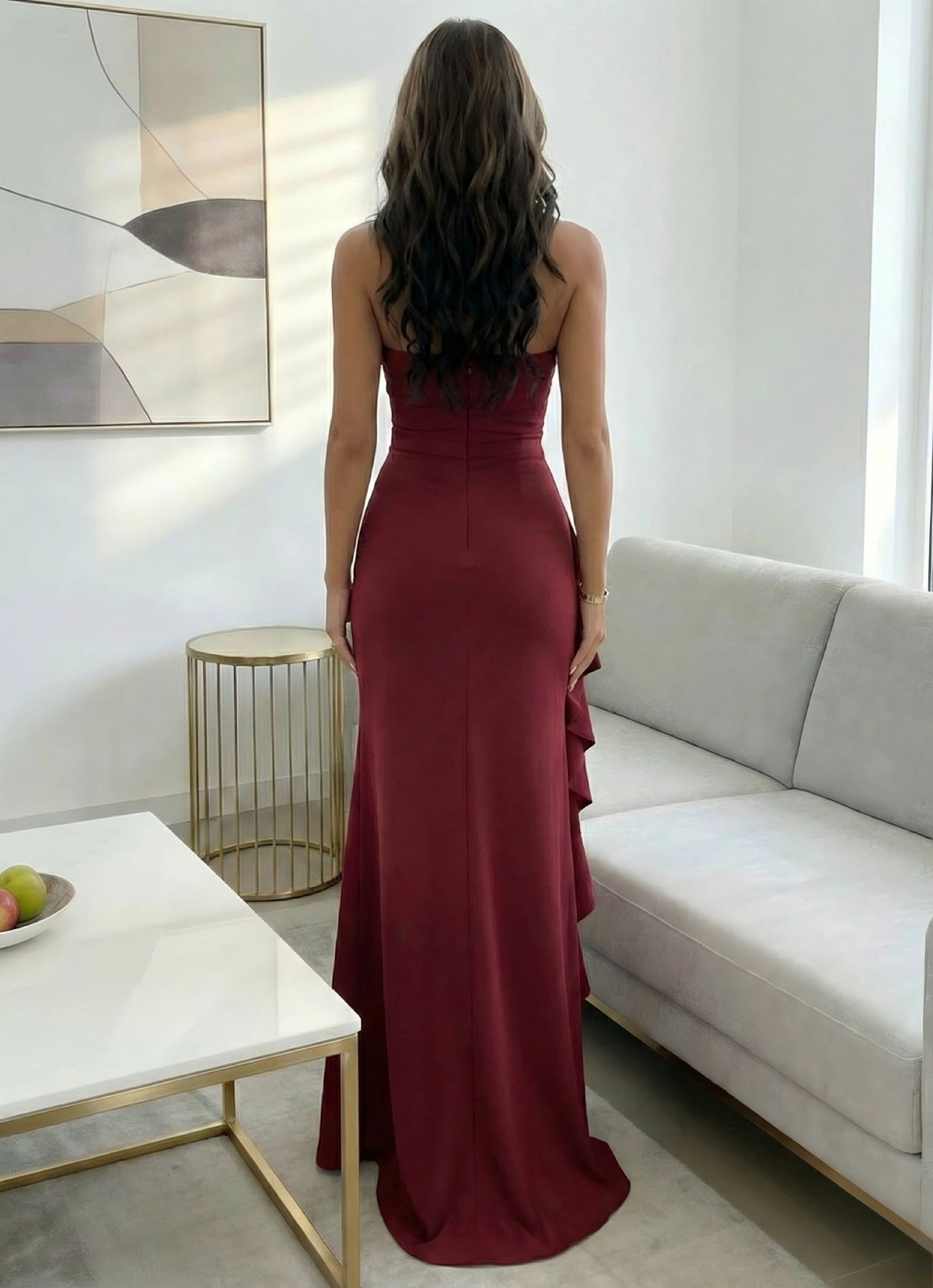 Elegant Satin Mermaid Strapless Sleeveless Zipper Ruffle Floor-Length Prom Dress