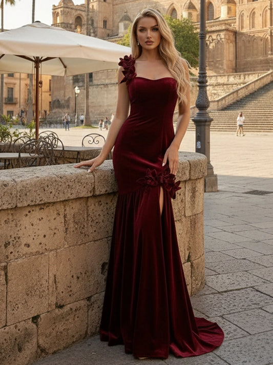Burgundy velvet mermaid prom dress with sweetheart neckline floral shoulder detail high slit and sweep train by Loverlm