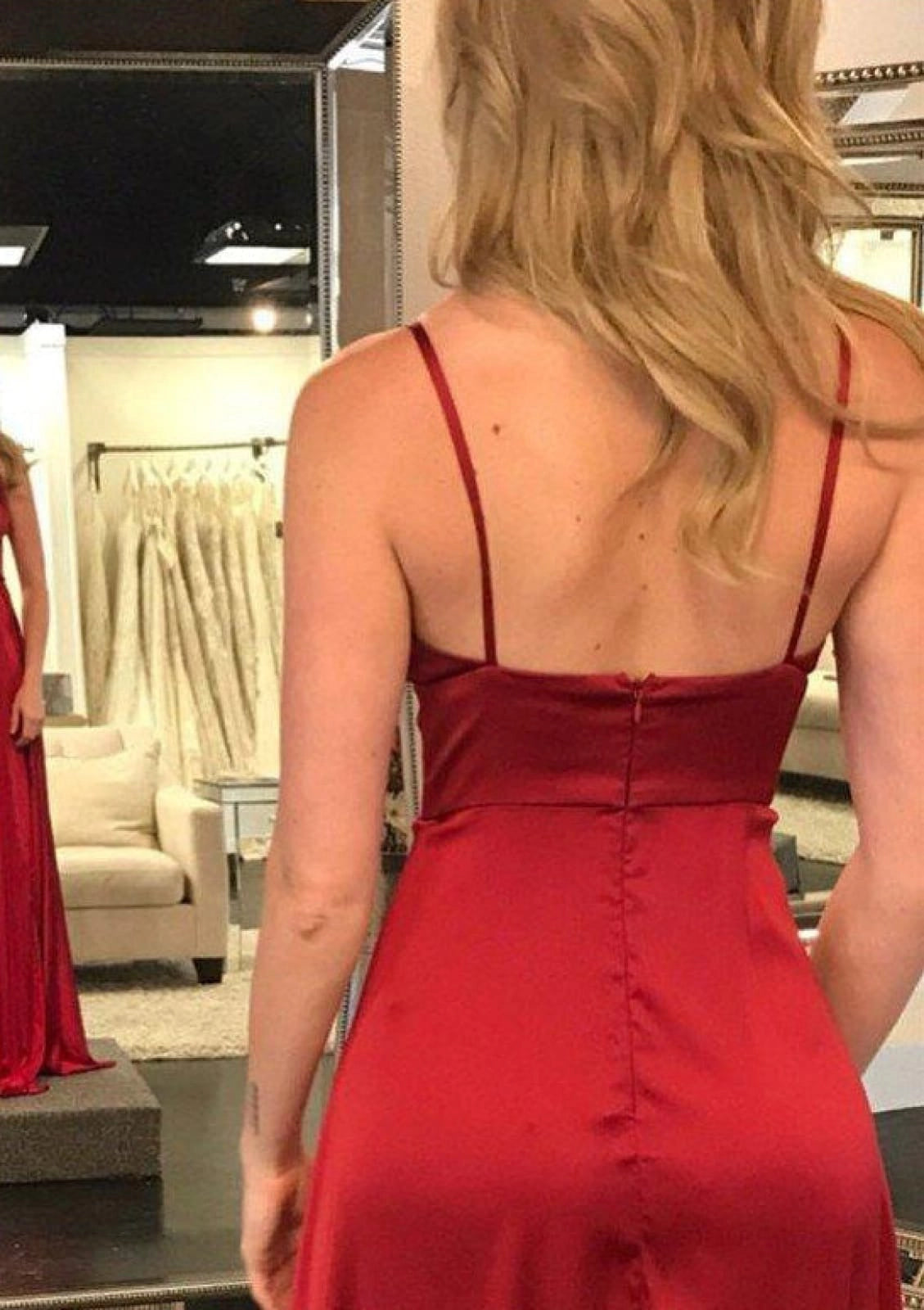 Elegant Satin A-Line Plunging V-Neck Sleeveless Zipper Back Slit Floor-Length Prom Dress