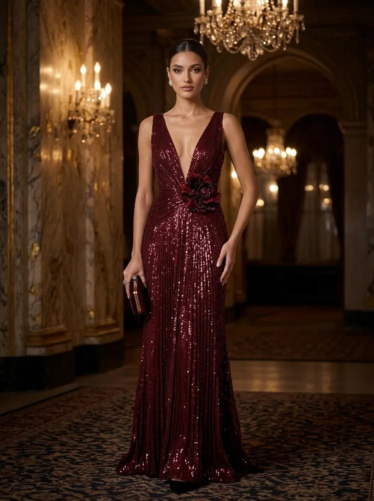 Loverlm burgundy sequin deep V-neck sleeveless floor length evening dress front view