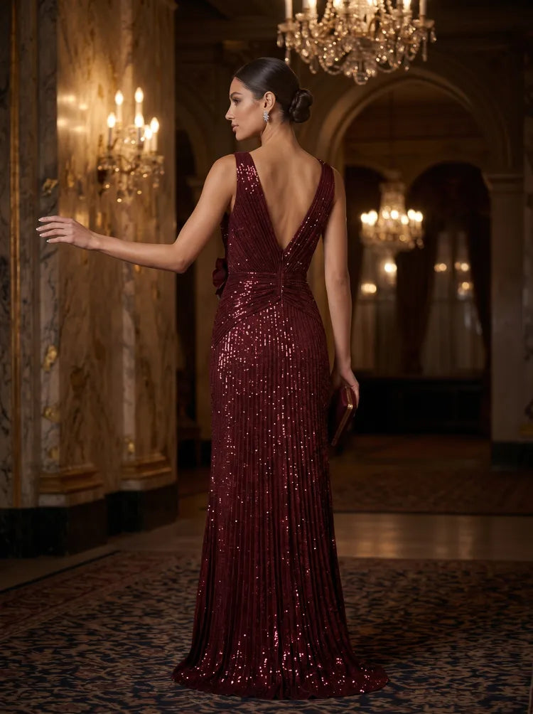Elegant Sheath Deep V-Neck Sleeveless Sequin Floor-Length Evening Dress