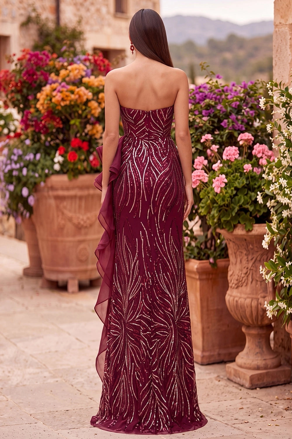 Glamorous Mermaid Sweetheart Strapless Zipper Back Ruffle High Slit Floor Length Prom Dress