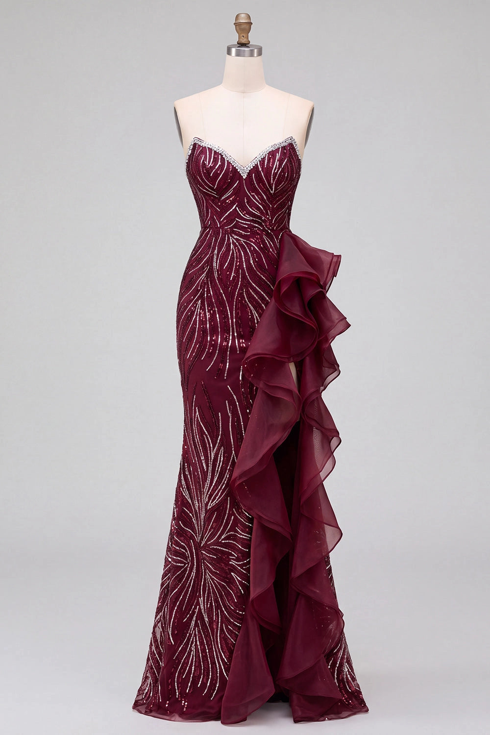Glamorous Mermaid Sweetheart Strapless Zipper Back Ruffle High Slit Floor Length Prom Dress