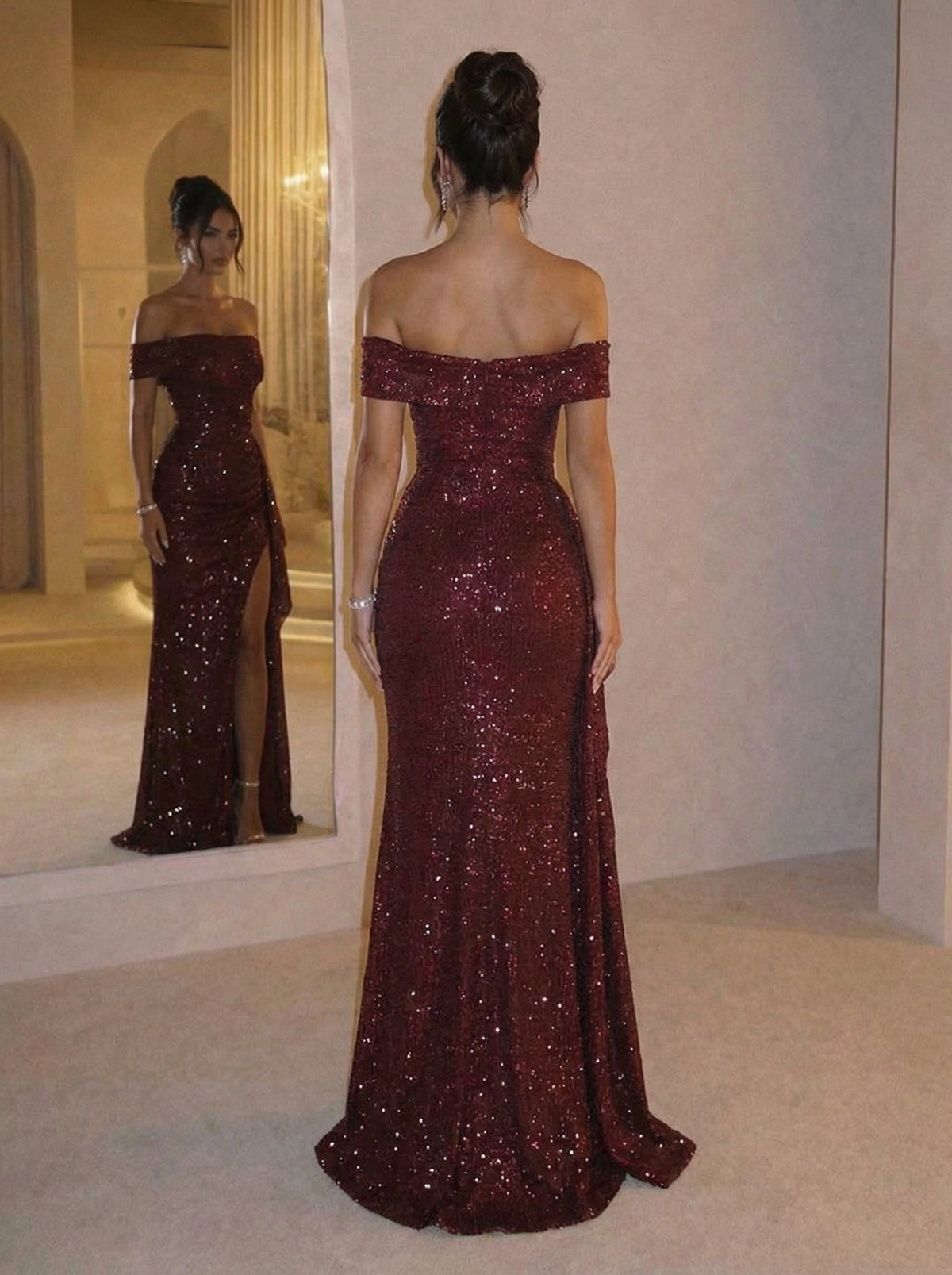 Elegant Sheath Off-Shoulder Short Sleeve Open Back Sweep Train Prom Dress