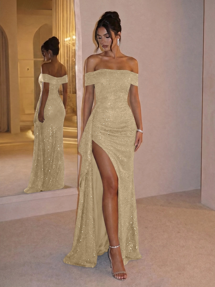 Elegant Sheath Off-Shoulder Short Sleeve Open Back Sweep Train Prom Dress