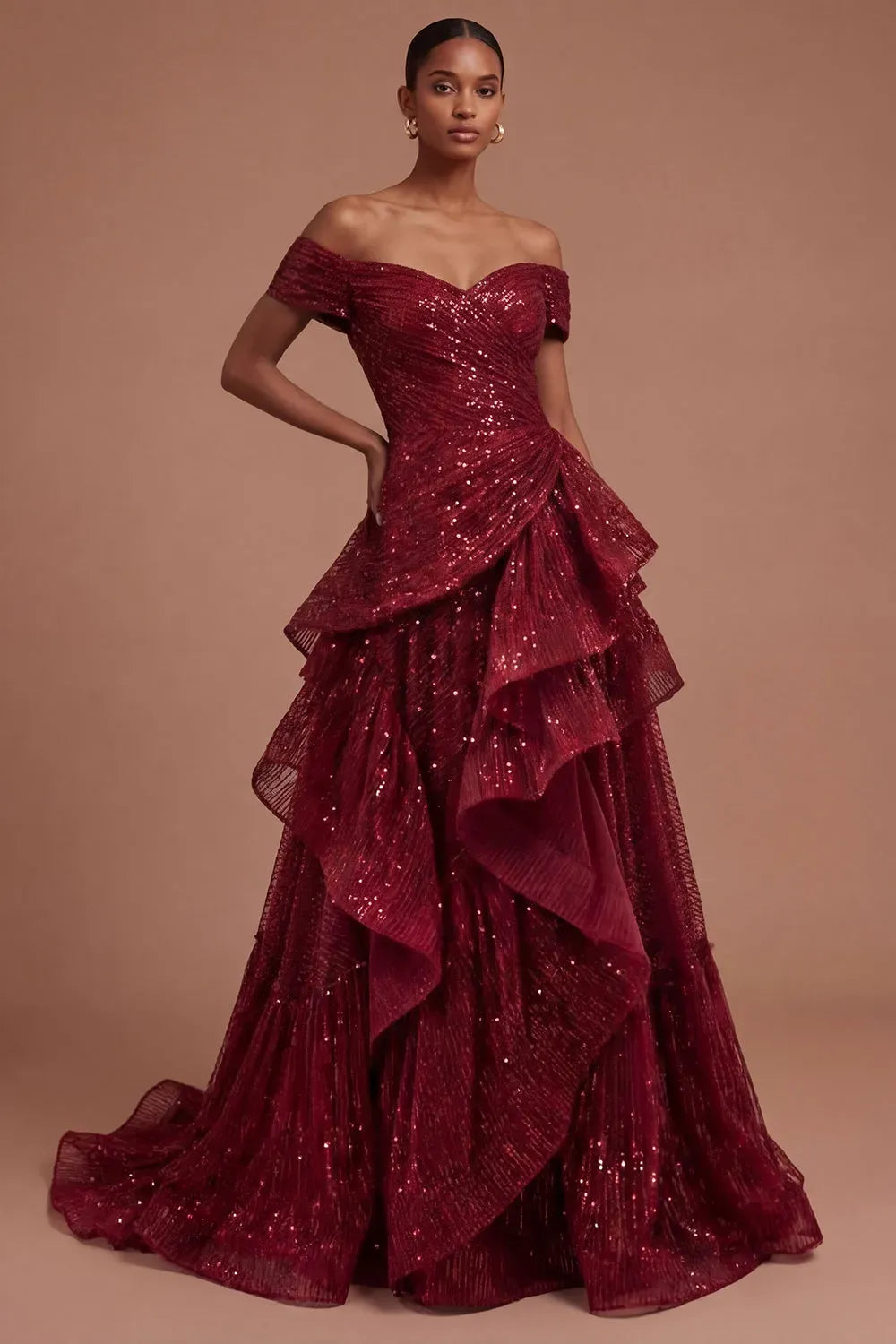 Loverlm burgundy sequin prom dress with off-the-shoulder sweetheart neckline, ruched bodice and dramatic tiered ruffle floor-length skirt