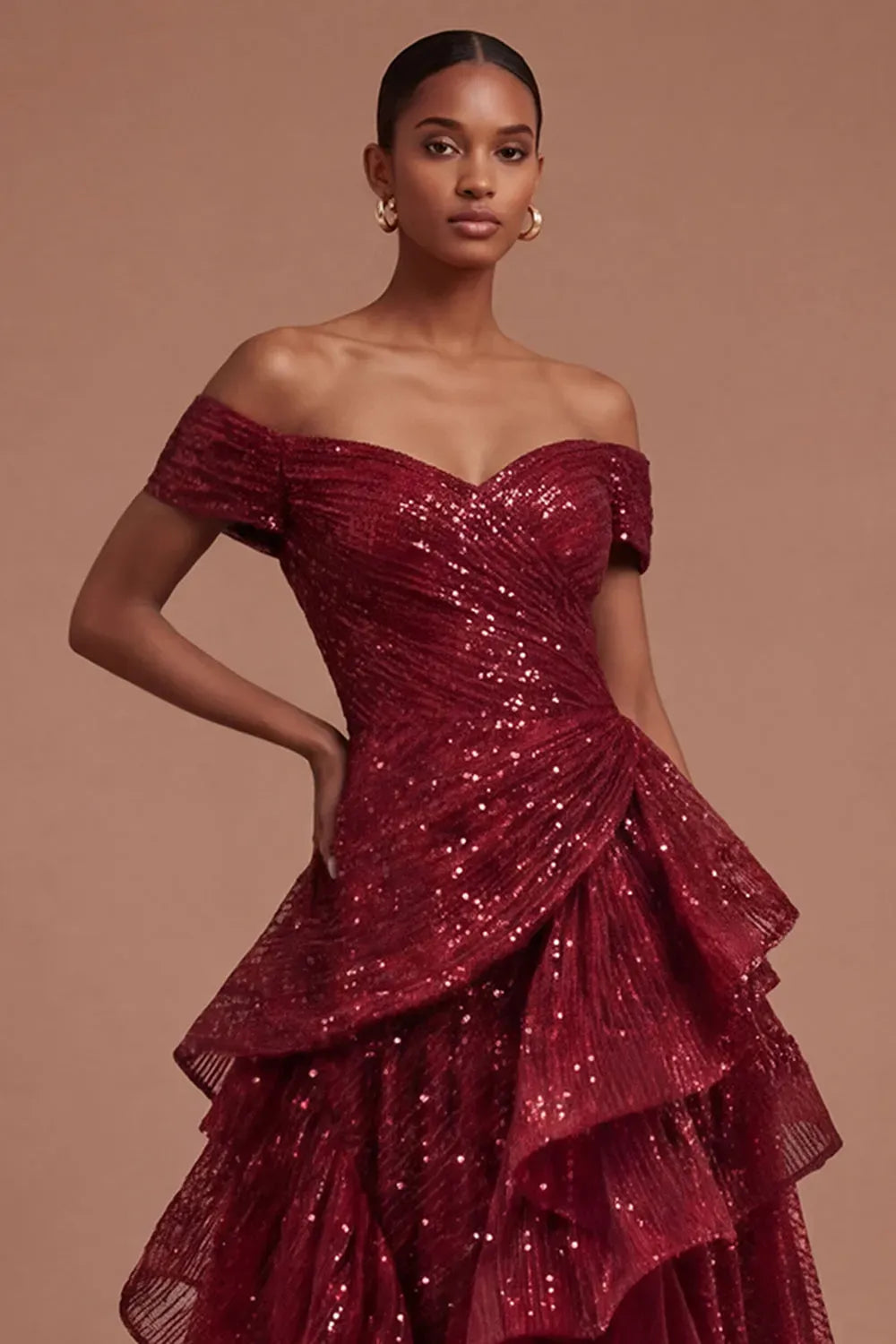 Glamorous Burgundy Sequin A-Line Sweetheart Off Shoulder Lace-Up Floor Length Prom Dress