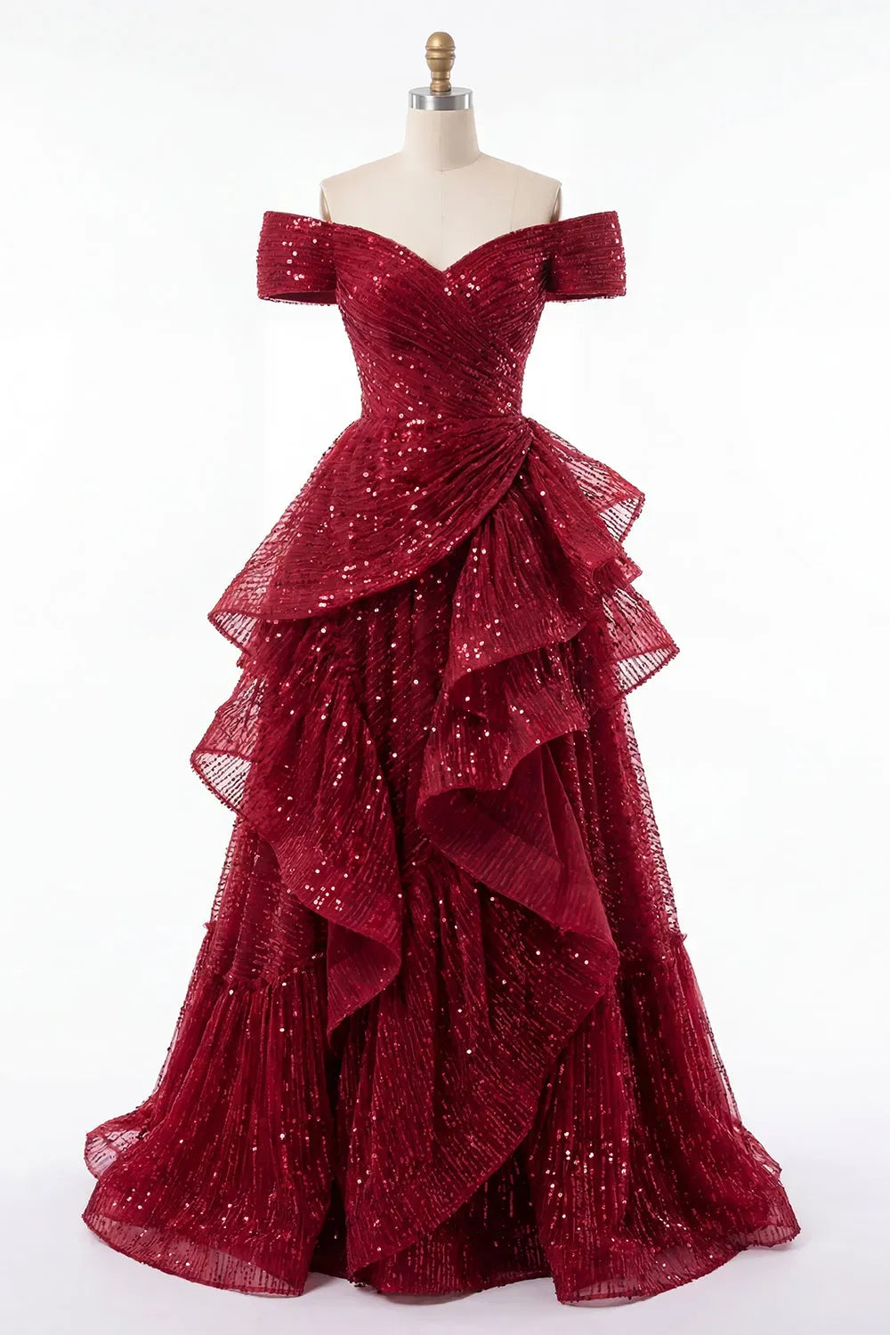 Glamorous Burgundy Sequin A-Line Sweetheart Off Shoulder Lace-Up Floor Length Prom Dress