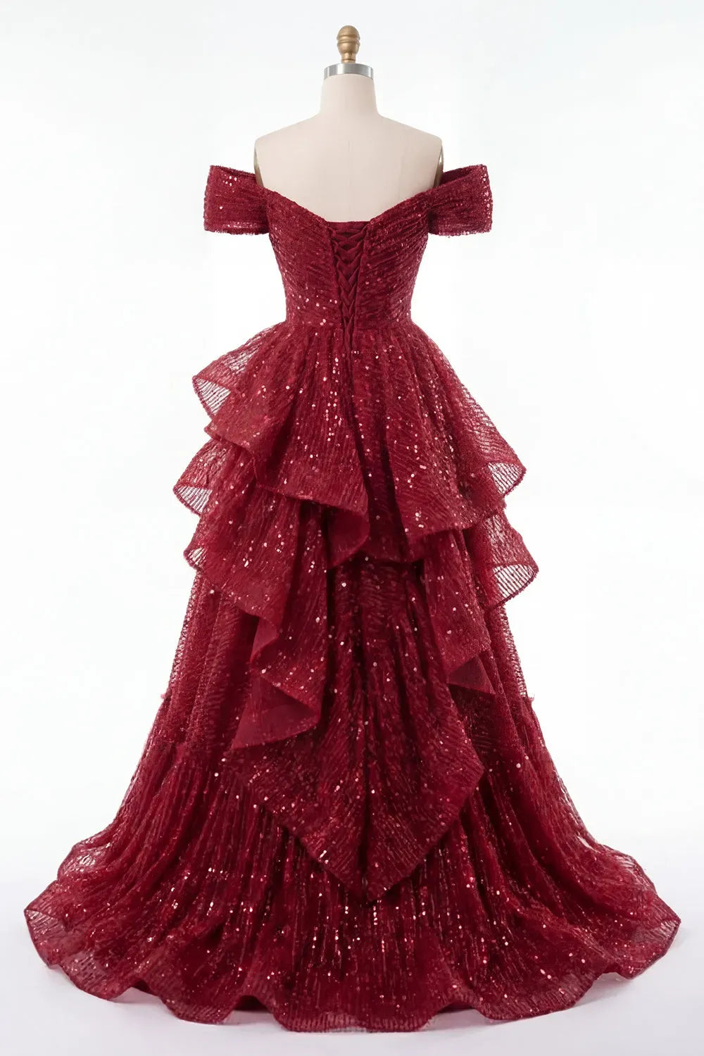 Glamorous Burgundy Sequin A-Line Sweetheart Off Shoulder Lace-Up Floor Length Prom Dress
